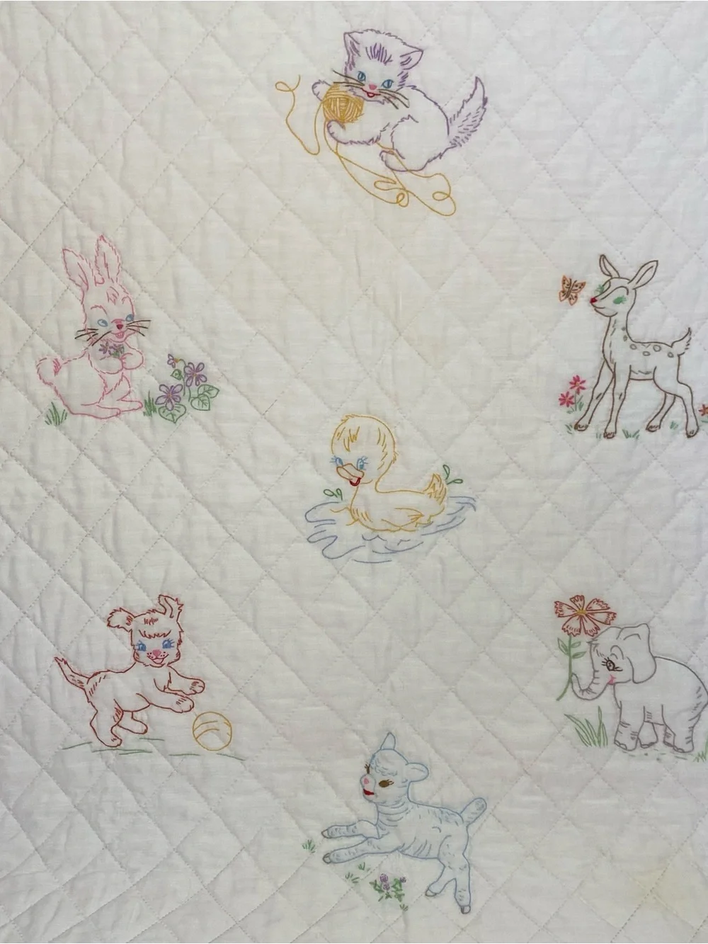 Vintage White & Pink Quilted Baby Blanket with Embroidered Animals